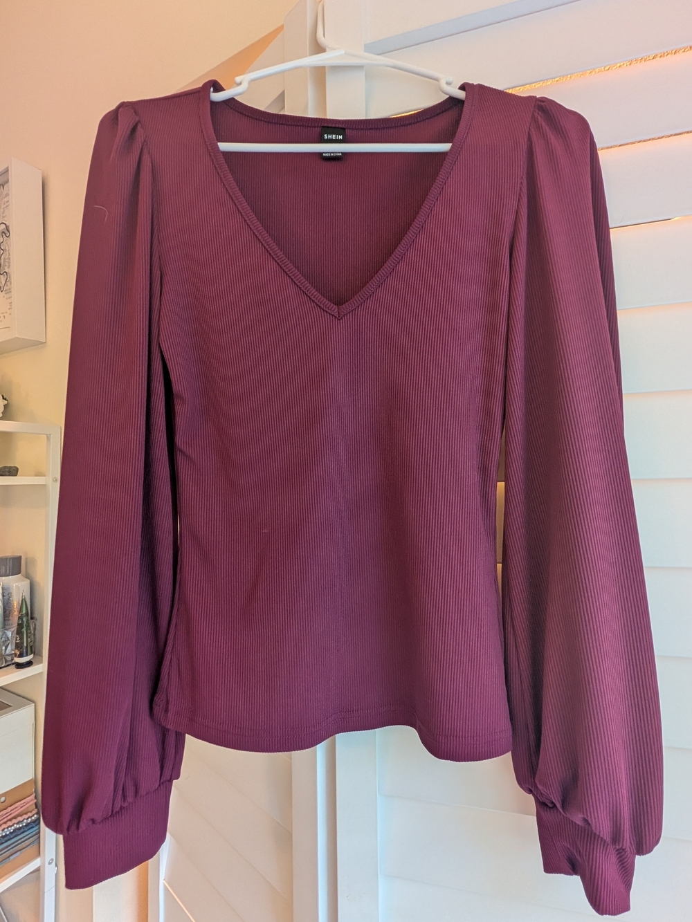 Plum Ribbed V-Neck Long Sleeve Top